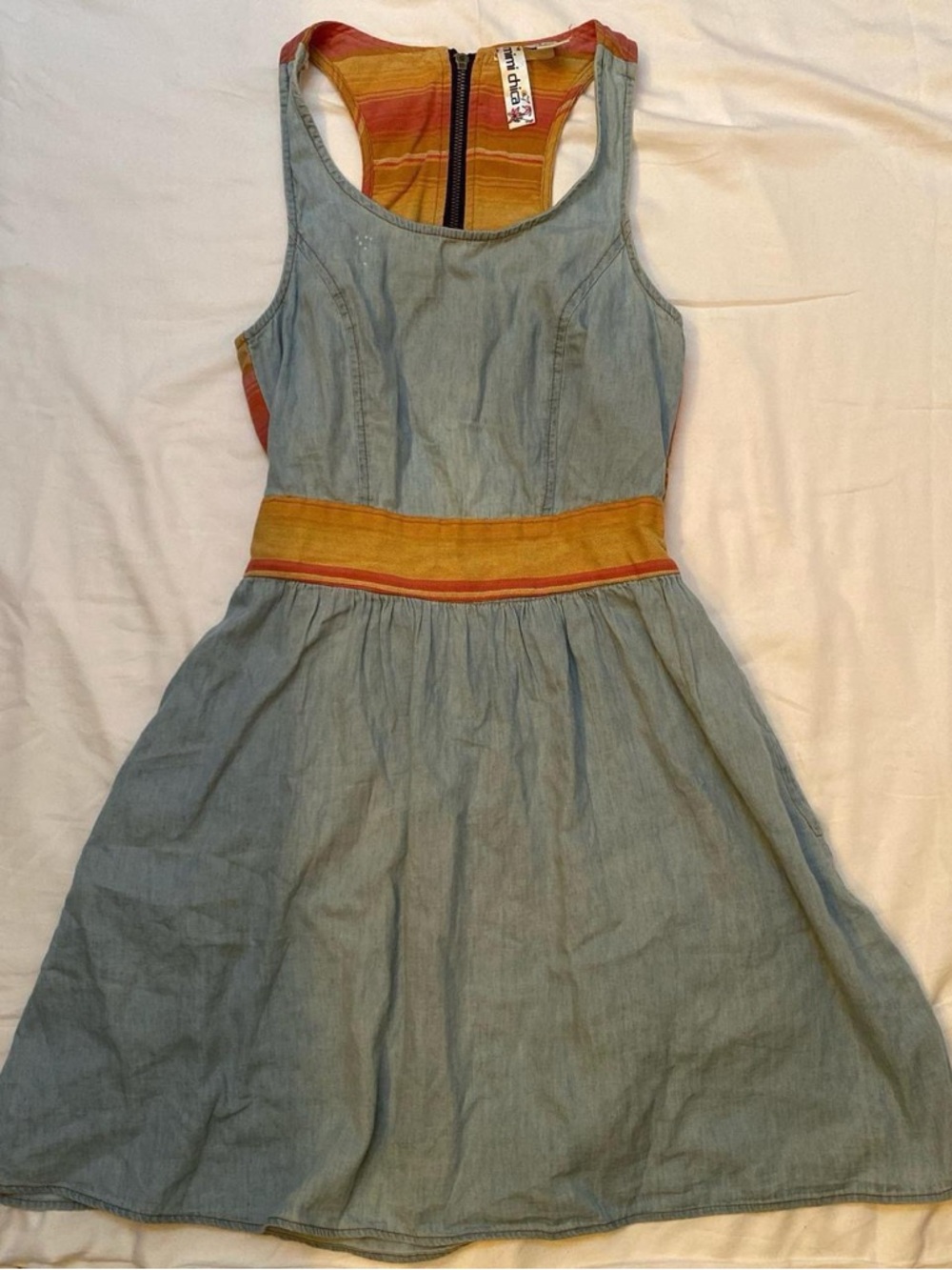 Mimi Chica Light Blue Denim Mini Dress with Yellow Waistband